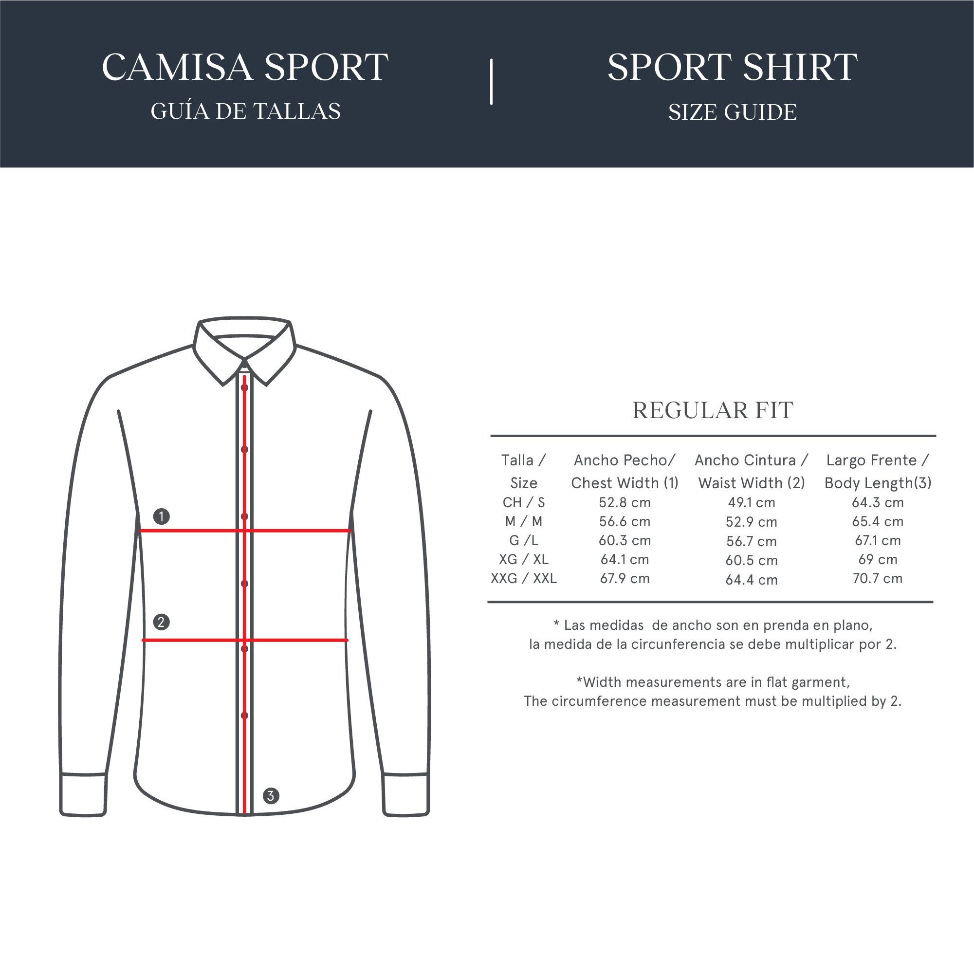 Camisa Casual con tabla de medidas