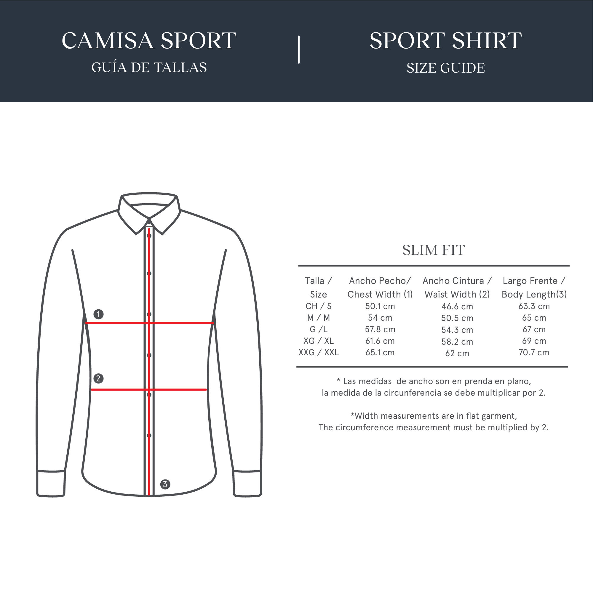 Camisa Casual con tabla de medidas
