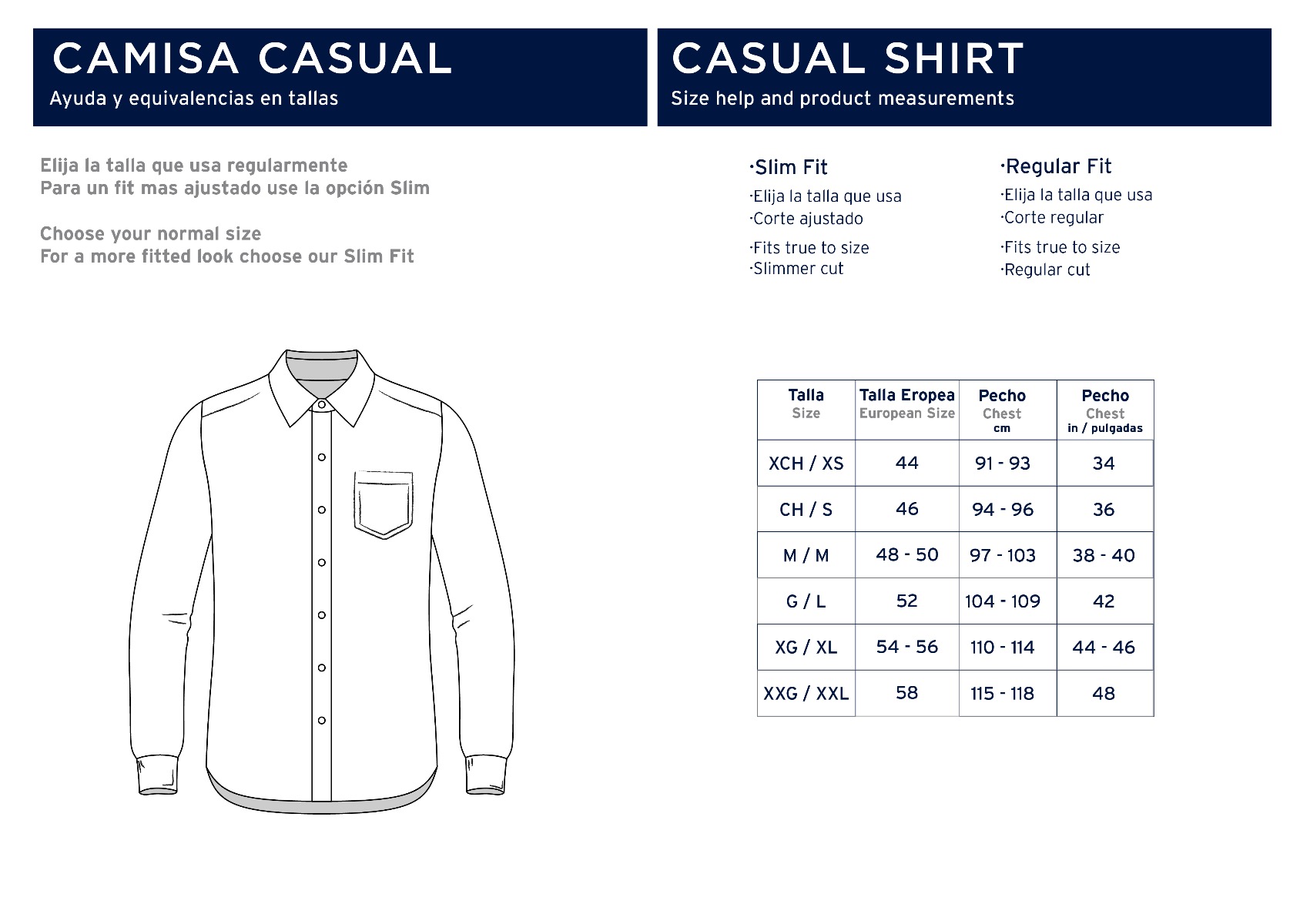 Camisa Casual con tabla de medidas