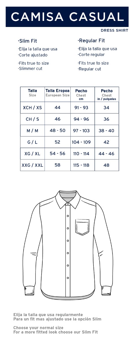 Camisa Casual con tabla de medidas